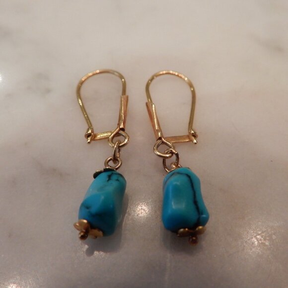 14 Karat Yellow Gold and Turquoise Dangle Earrings - Picture 1 of 3